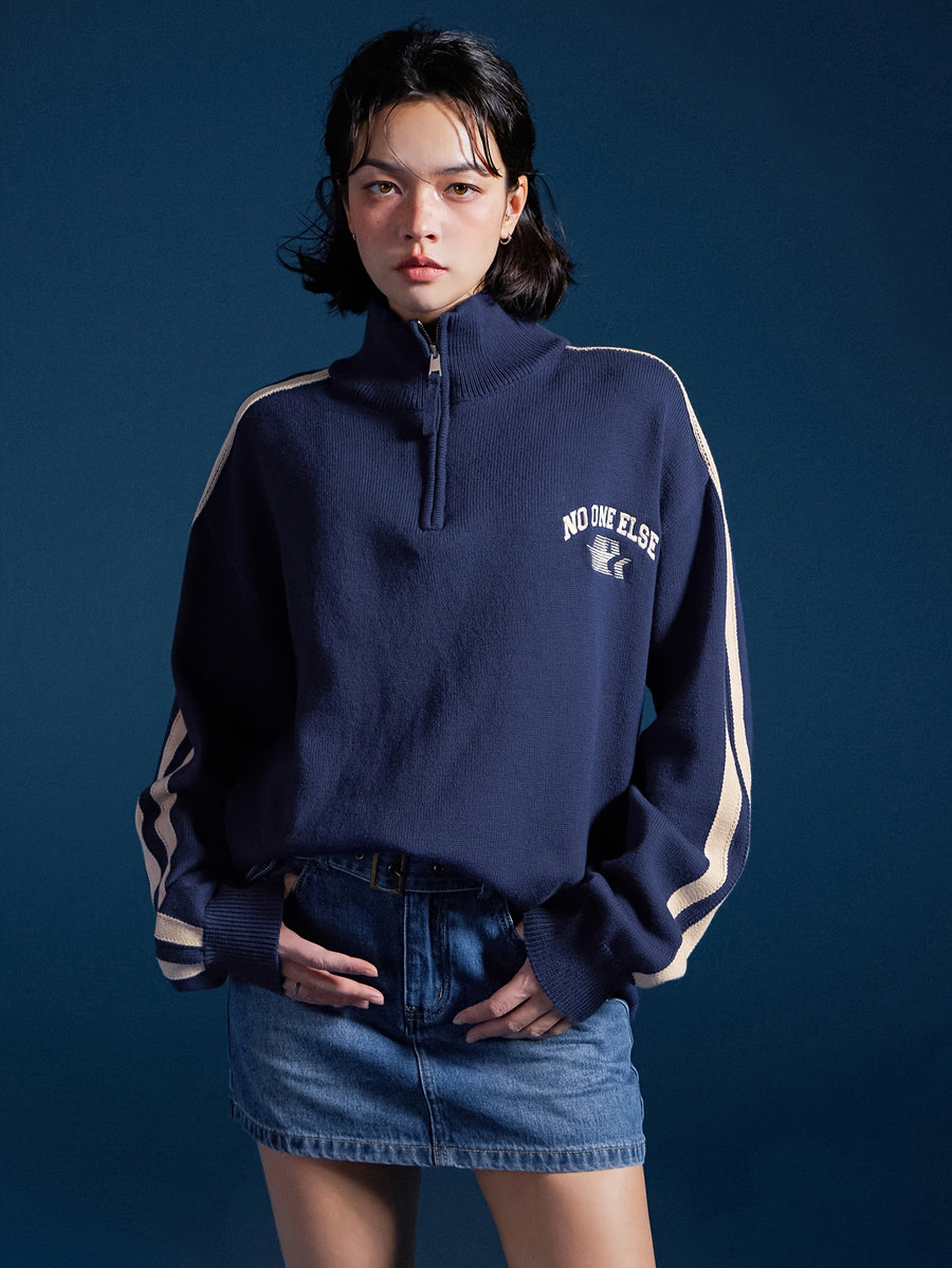NO ONE ELSE Letter Embroidery Sweater Unisex 2026 Spring Autumn New Color-Block Pullover Top - Blue
