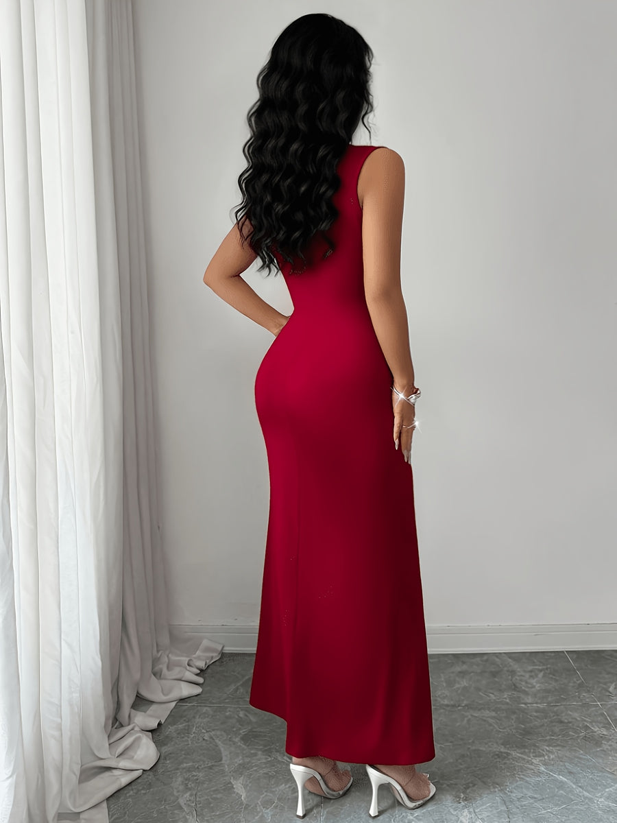 Summer Elegant Fashion Pearl Solid High-Neck Women'S Sleeveless Dress, Waist-Cinching Ruched Fishtail Long Dress, Temperament Evening Formal Gown - Burgundy