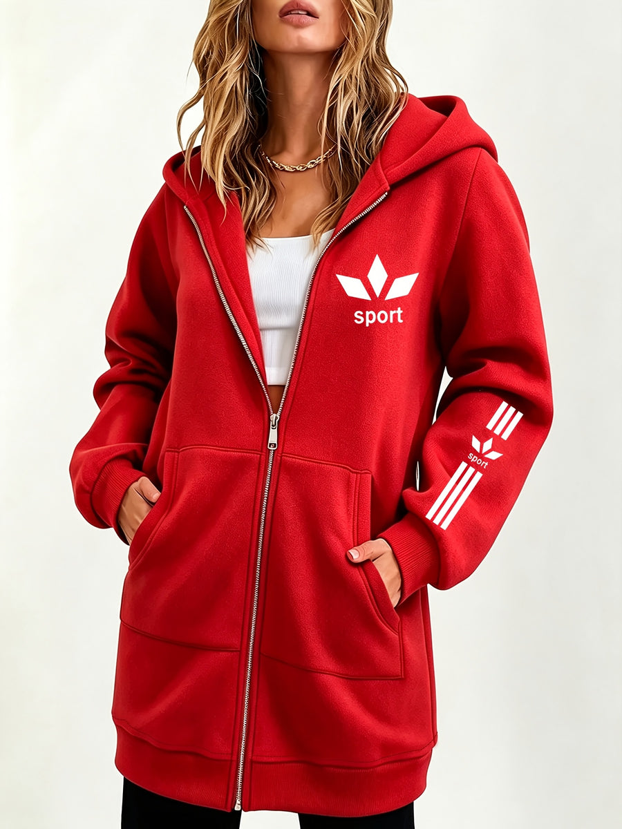 Women's Long Hooded Printed Sweatshirt Jacket, Autumn/Winter Thickened Hoodie, Versatile Loose Fit Casual Long Sleeve Zip-Up Cardigan Jacket - Red