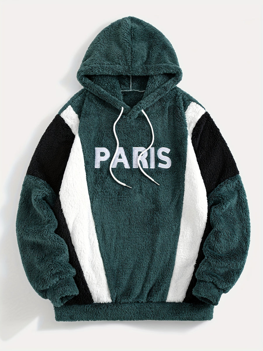 1pc Color-Block Spliced Reversible Plush Hooded Sweatshirt, Letter Embroidered Sweatshirt, Casual Sporty Hoodie, Soft and Comfortable Fabric, Warm and Breathable - Green