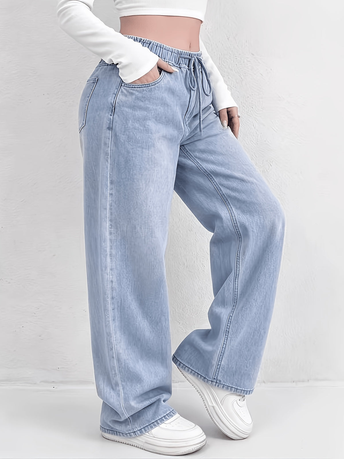 Women'S Straight-Leg Mid-Rise Denim Pants - Washed Medium Blue Stretch Jeans, Elastic Waist with Drawstring, All-Season Casual Commute Trousers, Ladies Jeans, Relaxed Fit, Classic Style, Quality Stitching, Urban Style - Blue