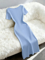 Ribbed Dress, Single-Breasted Slim-Fit Hip-Hugging Dress, Black and White Contrast Color Elegant Dress, Short-Sleeve Waist-Cinching Dress, High-End Little Black Dress, French-Style Elegant Dress, Light Luxury High-End Look, Vintage Classic Elegant - Bright Steel Blue