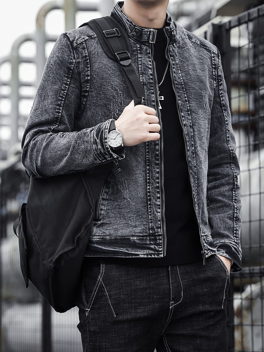 2026 New Style Motorcycle Jacket, Washed Tie-dye Denim Jacket, Men's Spring and Autumn Fashionable and Trendy, Versatile Korean Style Short Street Casual Motorcycle Denim Top - Black