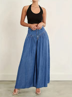 Women'S Loose Wide-Leg Denim Long Pants, Lightweight Fabric with Zipper And Button Closure, Fashionable Comfortable Casual High-Waist Jeans for All Seasons - Blue