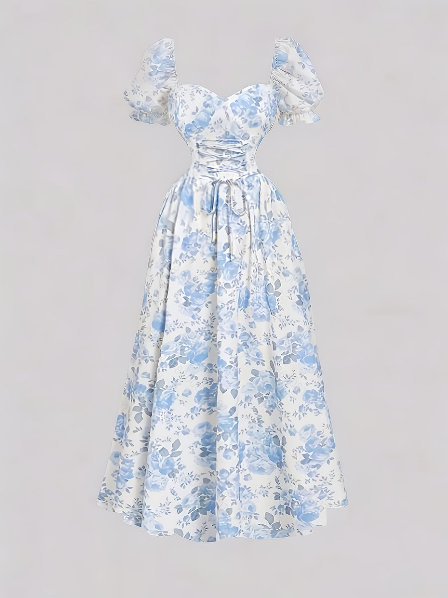 Ladies' New Spring And Summer Elegant Floral Print Long Dress, Bubble Sleeve Design, Front Waist Tie, Back Waist Shirred Waist, Elegant And Flowing, Romantic Long Dress, Suitable for Daily Wear, Party Gatherings, Vacation Holidays - Light Blue
