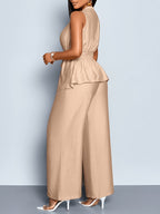 Women's Spring/Summer Elegant Vacation Style Daily Wear Sleeveless Top with Asymmetric Hem + Wide-Leg Pants 2pcs Set, Casual 2pcs Outfit for Wedding Season, Music Festivals, Easter, Western, Bohemian, Nashville Style, Parties, Weddings - Khaki