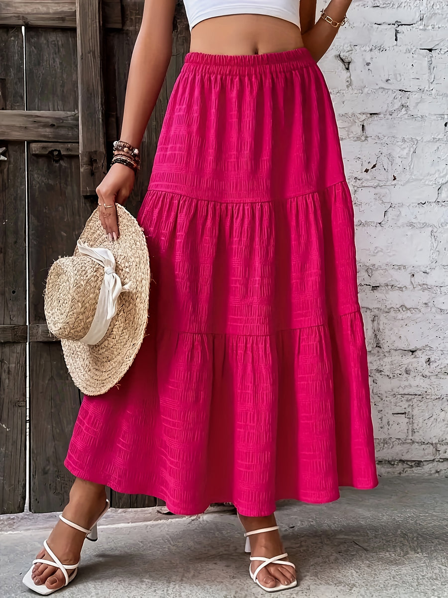 Elegant Solid Color Pleated Skirt for Vacation - Rose Red