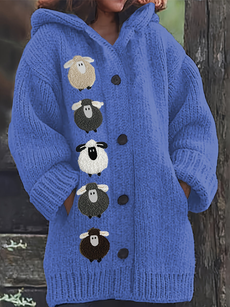 Winter Women's Elegant Hooded Oversized Outerwear Jacket, Multi-Color Little Lamb, Chunky, Soft, Thick, Beautiful, Stylish, Comfortable, Casual, Vintage, Commuting Cardigan, Gift - Vibrant Blue