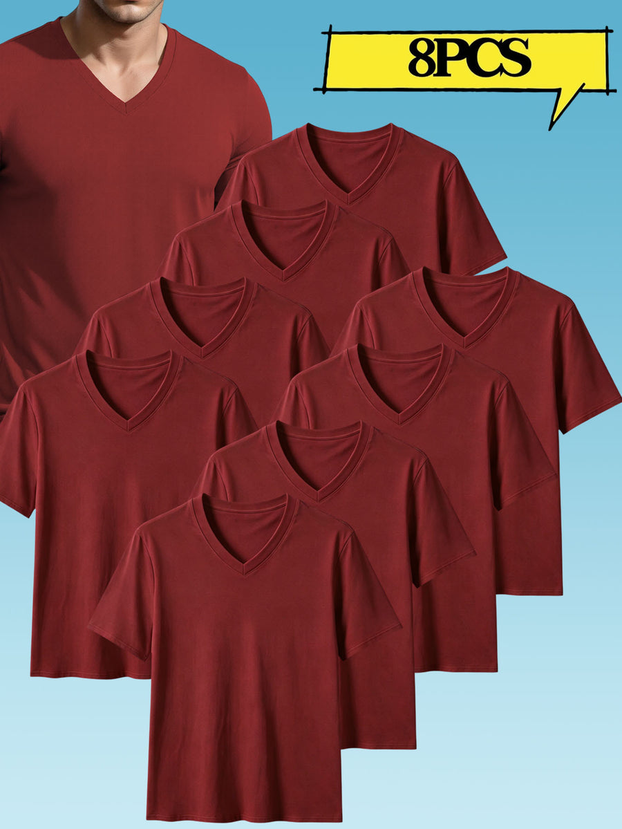 8pcs Men's Casual Knit Ribbed V-Neck T-Shirt / Soft and Comfortable Fabric / Short Sleeve / Solid Color / Crew Neck / Back-to-School Season, Casual Sporty Design Top, Multiple Colors Available, Suitable for Summer Daily Wear - 8pcs Wine Red