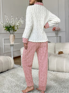 Plus Size 25AW Homewear Trend New Autumn/Winter Women's Pajama Cardigan Set with Long Sleeves and Long Pants, Embroidered Bear Pocket Design, Warm, Comfortable, Casual, Jacquard Loose Fit Loungewear - Pink Color