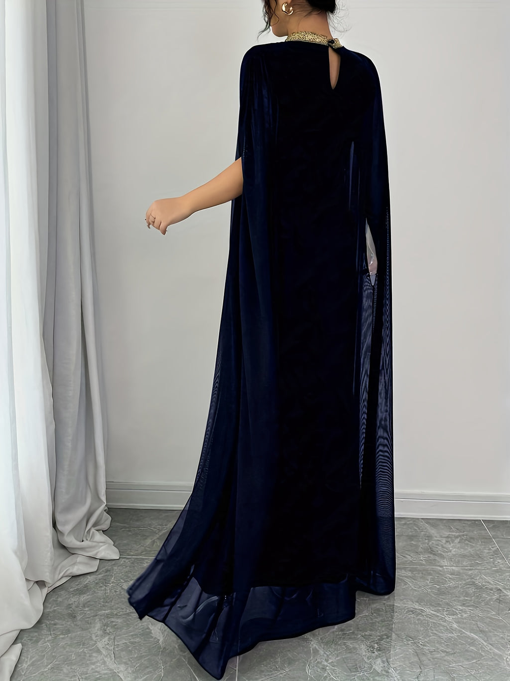 Color-blocked Decorative Stand-up Collar Elegant Batwing Sleeve Mermaid Hem Fashionable Evening Gown, Women's Long Bridesmaid Dress - Navy Color