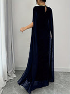 Color-blocked Decorative Stand-up Collar Elegant Batwing Sleeve Mermaid Hem Fashionable Evening Gown, Women's Long Bridesmaid Dress - Navy Color