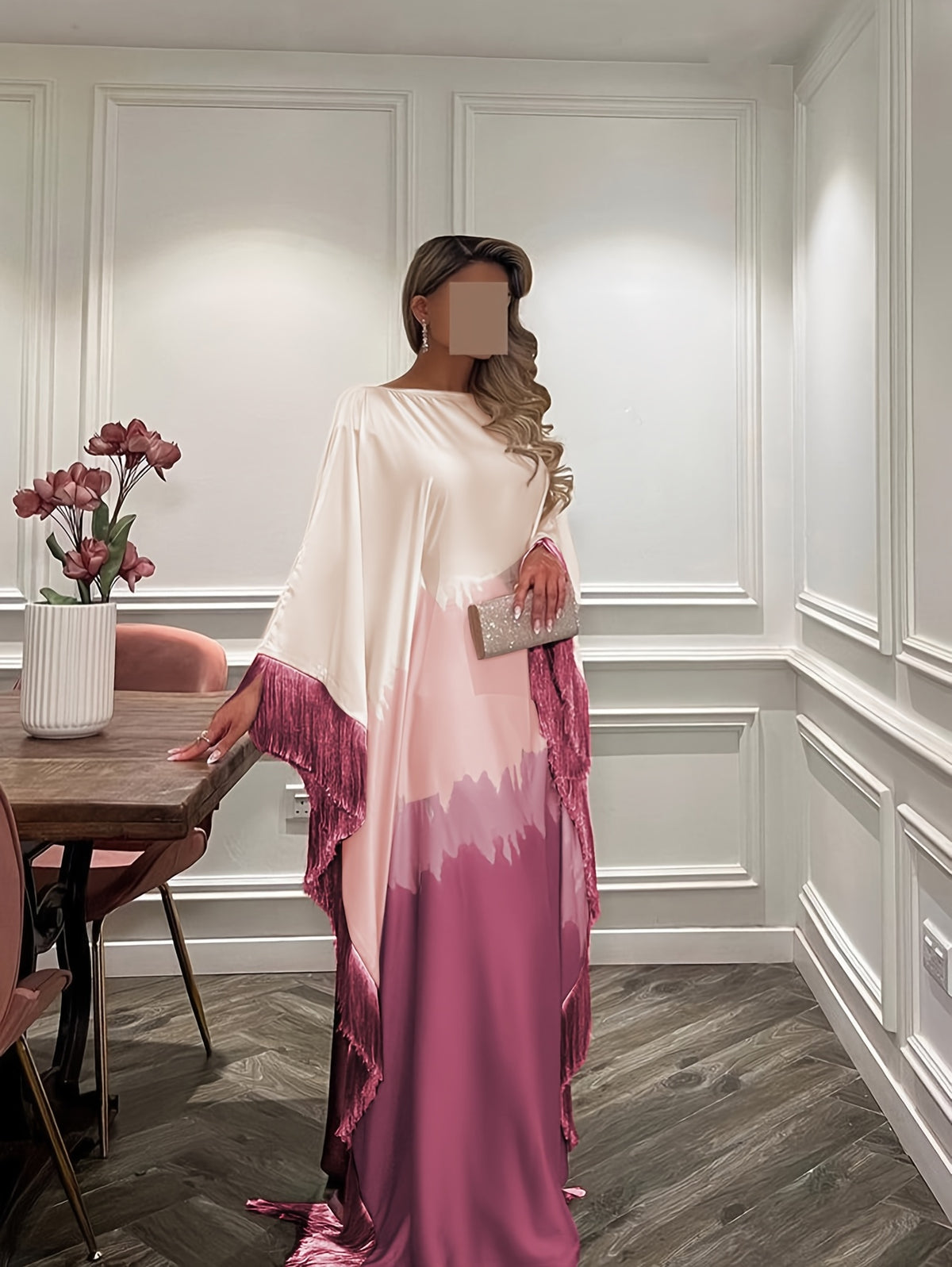 1pc Elegant Tie-Dye Tie Dye Fringe Casual Polyester Printed Fashion Abaya Open Front Robe - Pale Pinkish Gray