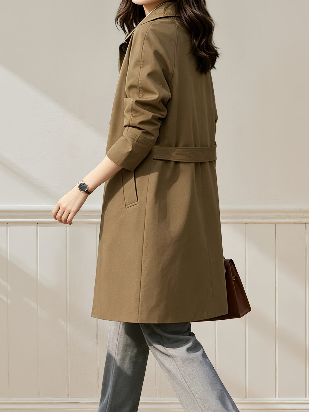 Women'S British Style Mid-Length Trench Coat, Easy And Atmospheric Commuter Temperament Style Jacket, Non-Picky Body Farewell to Passerby Look, Unlined Fabric Style - Khaki