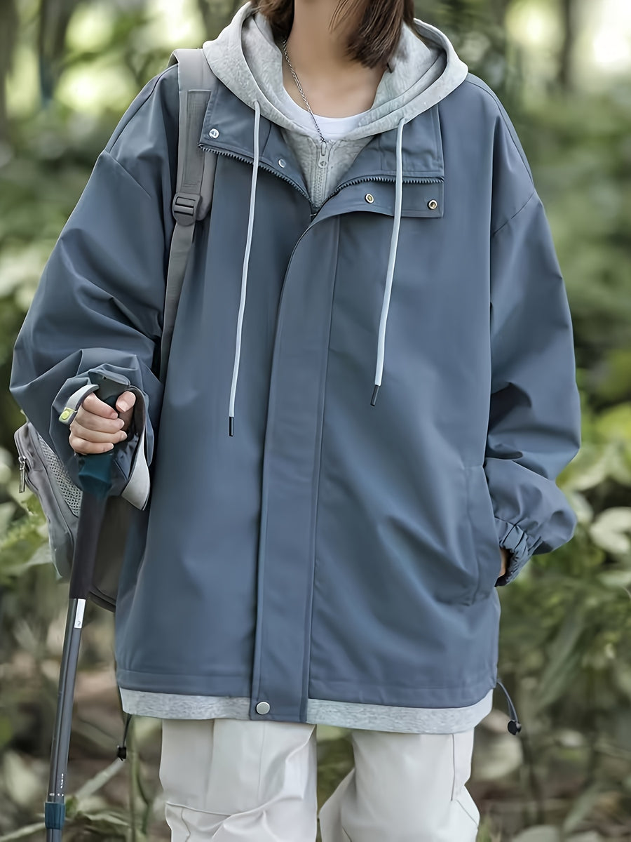 American Style Coat Women'S Trench Hooded Faux Two-Piece Windbreaker Design-Driven Color-Block Casual Loose Jacket - Denim Blue