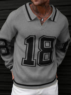 Men'S Polo Neck Knit Sweater with 18-Digit Pattern, Long Sleeve Casual Pullover, Retro Preppy Sporty Loose Fit Fall Winter Gray Top - Grey