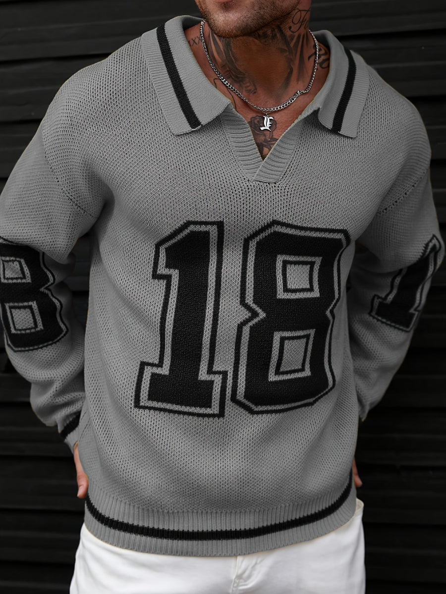 Men'S Polo Neck Knit Sweater with 18-Digit Pattern, Long Sleeve Casual Pullover, Retro Preppy Sporty Loose Fit Fall Winter Gray Top - Grey