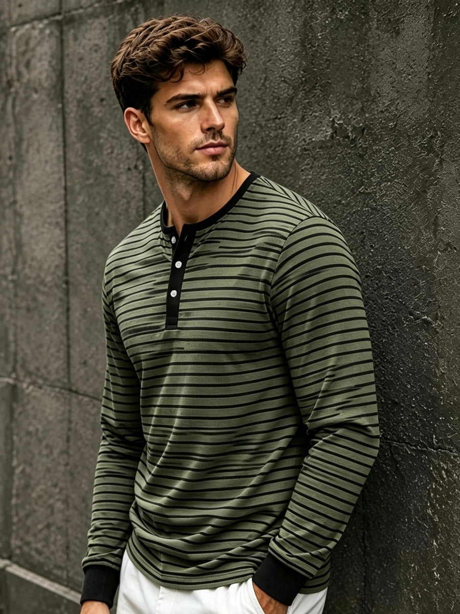 New Men's Striped Henley Neck Long Sleeve T-Shirt, Contrast Color Placket Button Casual Slim Fit Base Layer Top for Spring and Autumn - Green