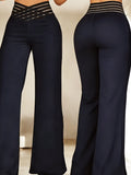 Women'S Crossed Waist Straight Leg Pants, Mesh Waistband Design, Solid Color Slightly Elastic Casual Trousers Suitable for Travel And Dates - Navy Color