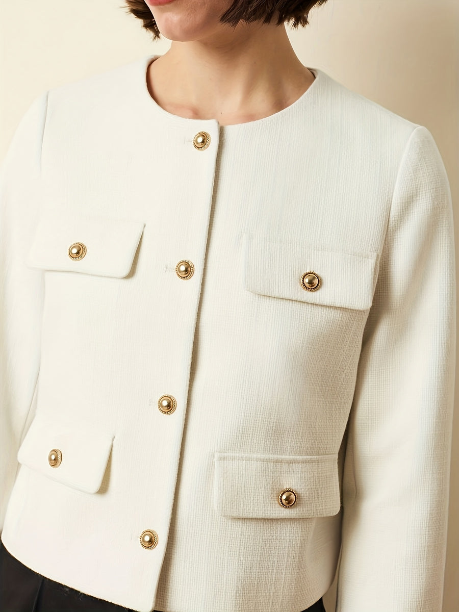 Short Women'S Clothing 2025 Stylish European And American Tops, Chic Windbreaker Jacket, Blazer with a Flap, High-End New Round Neck Casual Wear - Milky
