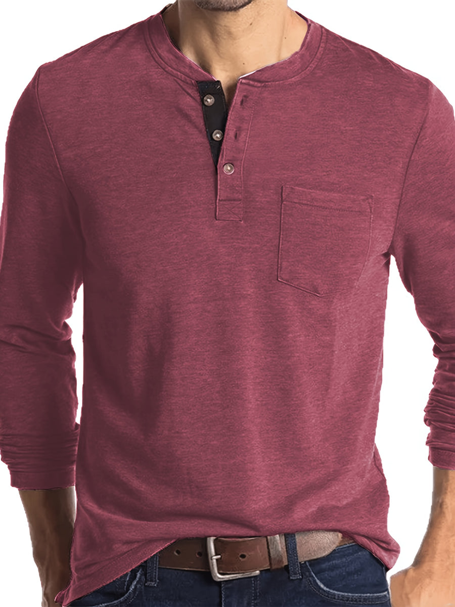 KJ-P026 Plus Size Men'S Summer Henley Long Sleeve Athletic Fitness Multicolor Base Layer T-Shirt - Rose Red