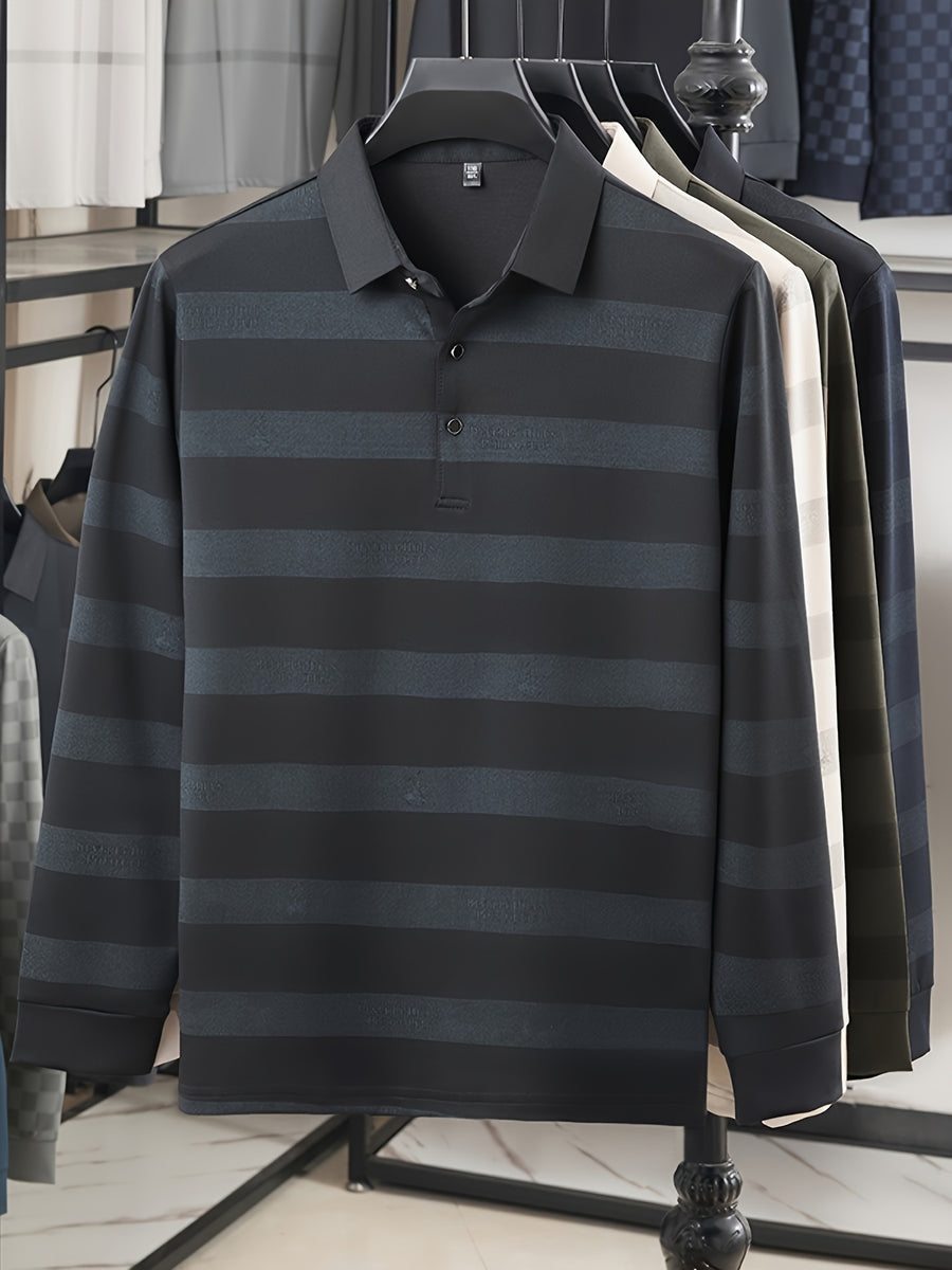 Multi-Color Striped Polo Shirt for Men, Micro-Velvet Long Sleeve Polo, Button-Up Collar 3-Button Pullover Top, Smooth Soft Skin-Friendly Fabric, Business Commute Travel Top, Fishing Home Daily Loose Casual Men'S Clothing - Charcoal Gray