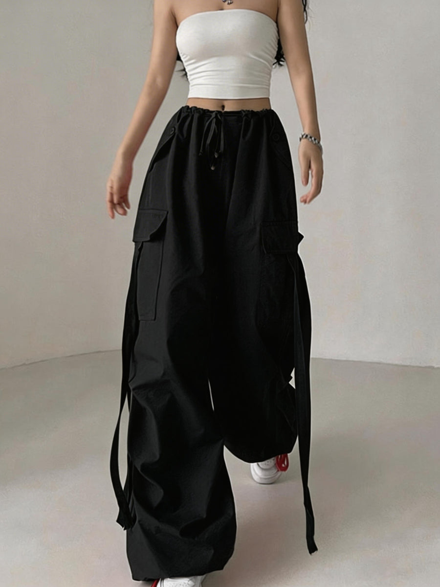Street Style Loose Fit Drawstring Ankle Scarf Fashion Utility Pants Wide Leg Casual Long Trousers - Black