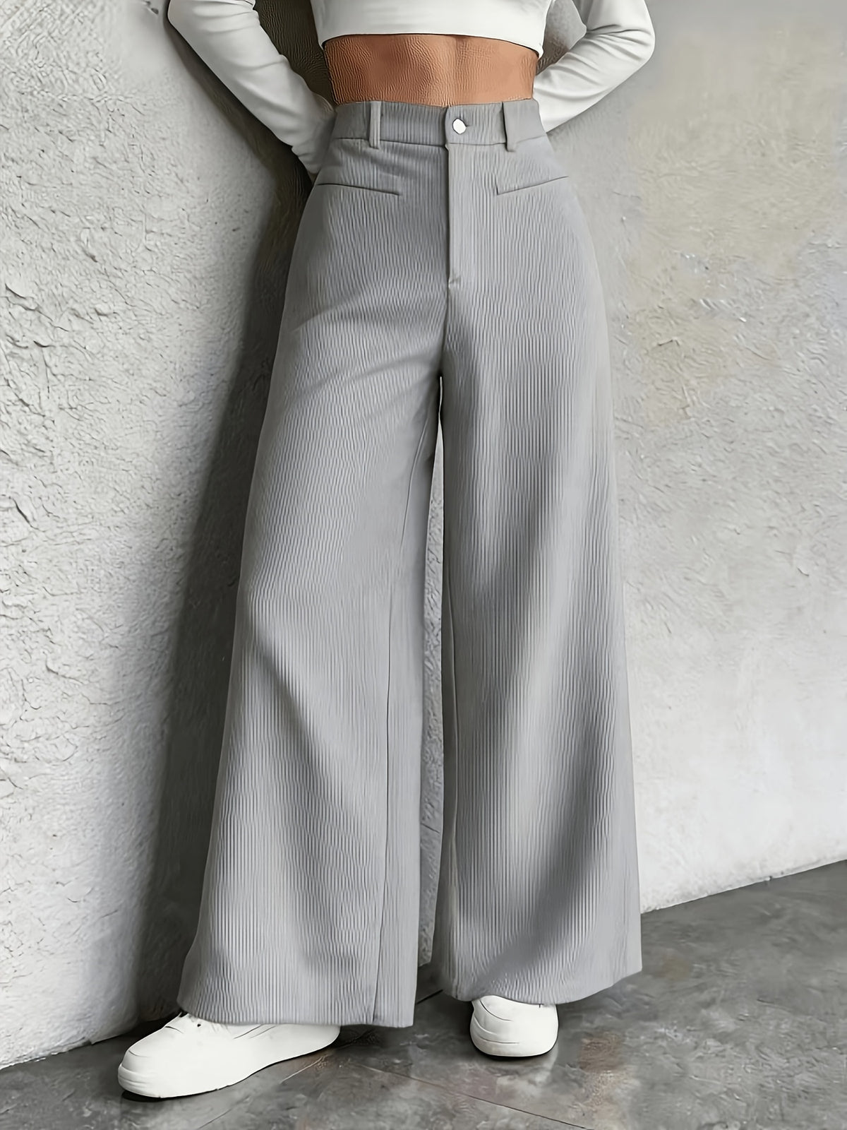 Fashionable And Elegant Women'S High-Waisted Wide-Leg Pants, Corduroy Texture Casual Trousers, Suitable for 4 Seasons - Space Gray
