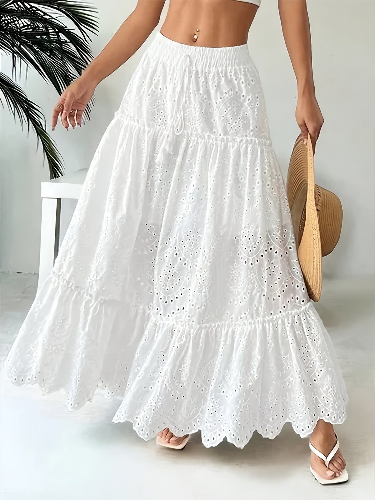 Women'S Elegant Floral Lace Maxi Skirt with Drawstring Waist - White Tiered Ruffled Hem, Perfect for Spring/Summer/Fall, Versatile for Casual or Formal Occasions, Casual Summer Wear | Floral Lace Skirt | Ruffled Hem Skirt - White