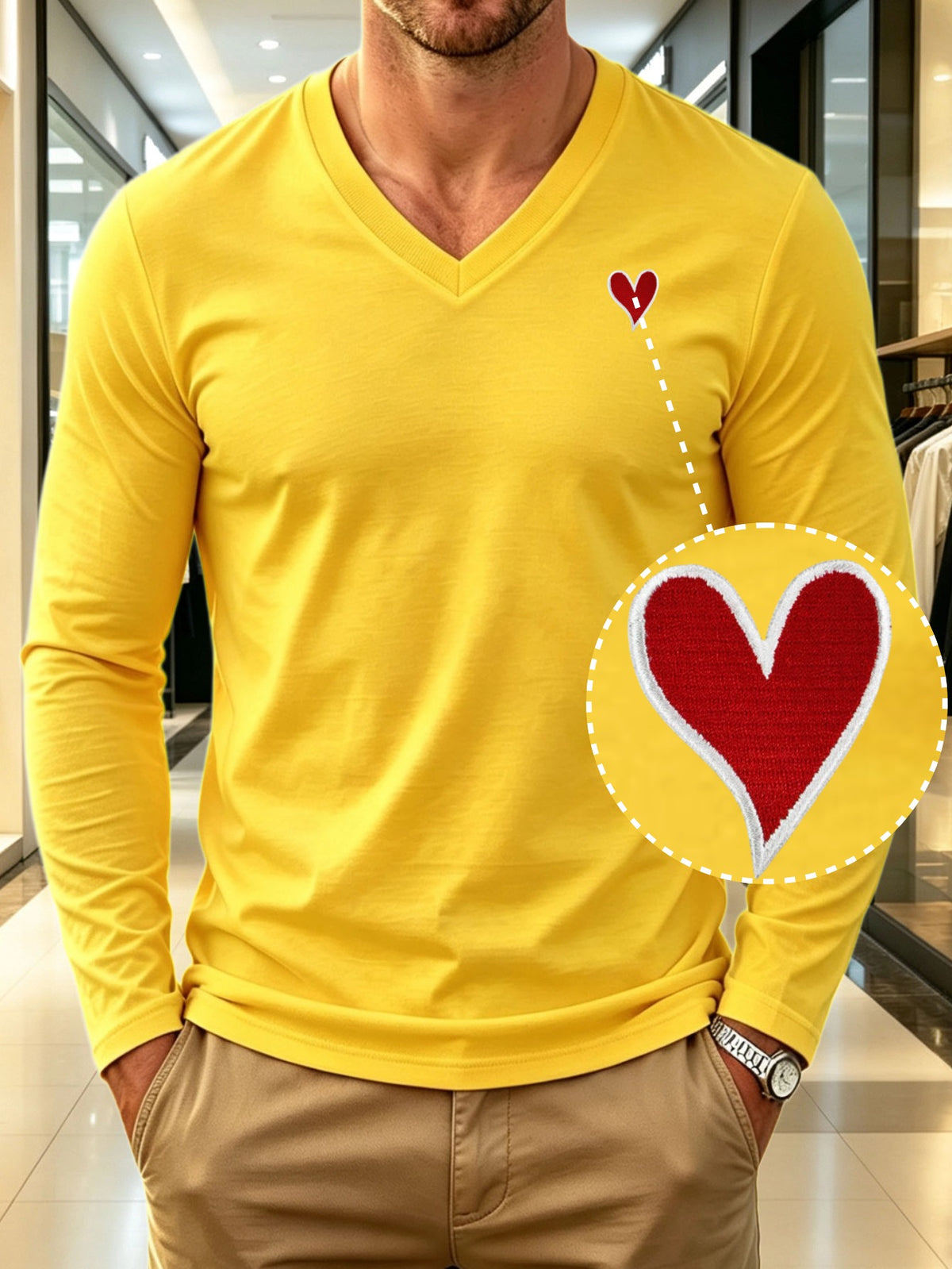 100% Cotton Men's V-Neck Long Sleeve Crewneck T-Shirt, Men's Knitted Sweatshirt, Casual Sport Outdoor Top, New Men's Casual Versatile T-Shirt, Back-to-School Season, Gift for Friends - Yellow