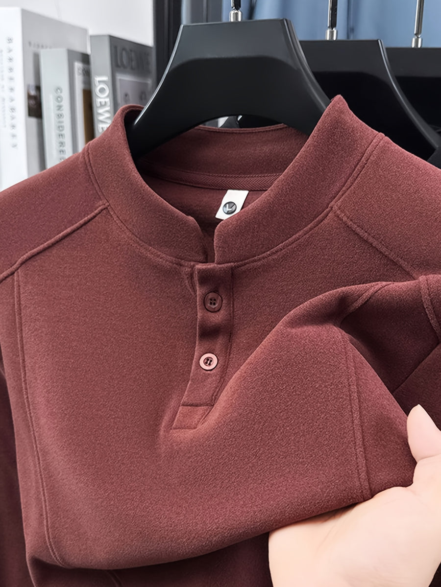 Men's Henley Neck Long Sleeve Base Layer Shirt, Slim Fit but Not Tight, Suitable for Middle-Aged Men, with a Light Business-Casual Vibe. -SINBOS - Red