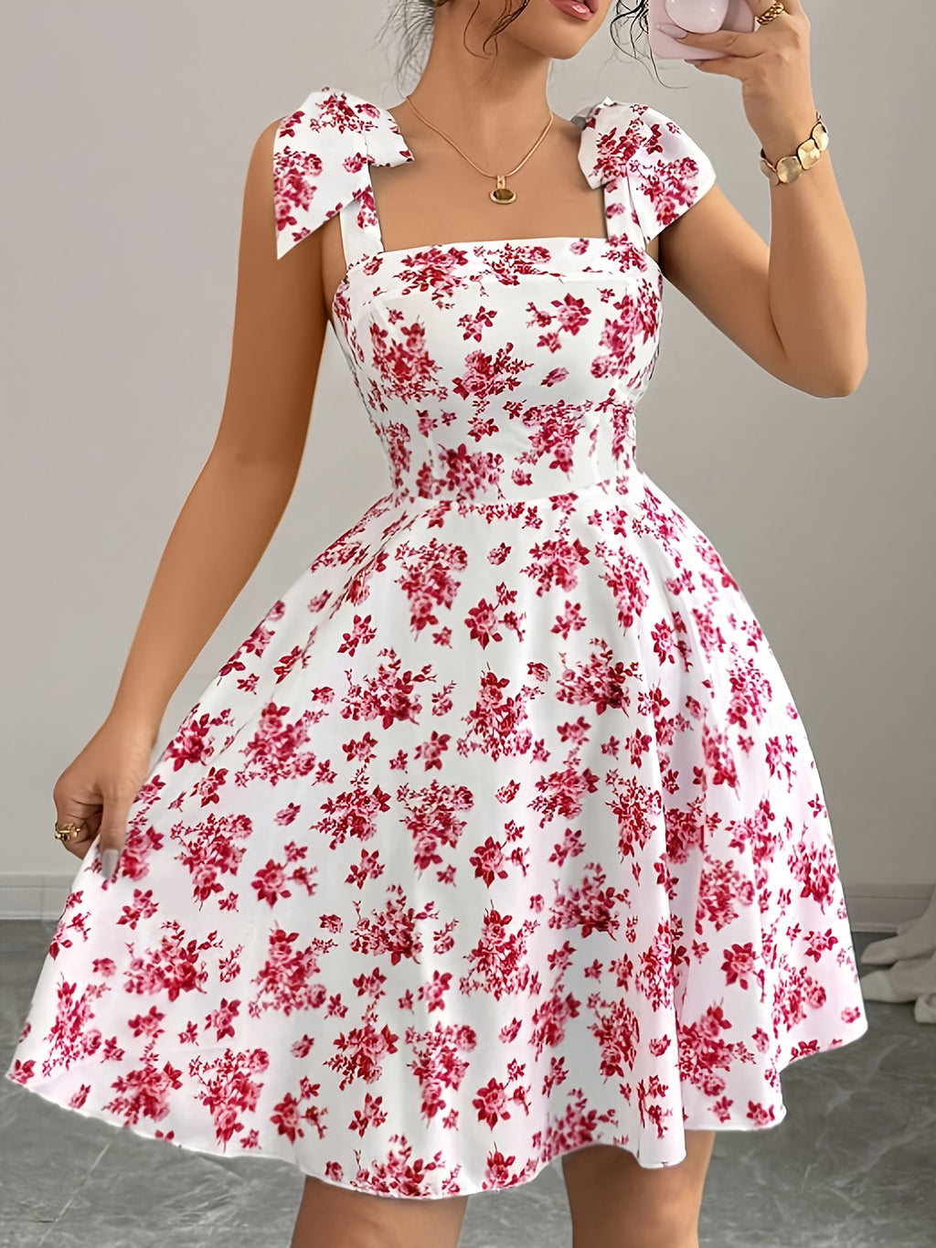 A Stylish And Elegant Red Floral Print Spaghetti Strap Dress - Multicolor
