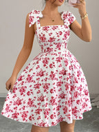 A Stylish And Elegant Red Floral Print Spaghetti Strap Dress - Multicolor