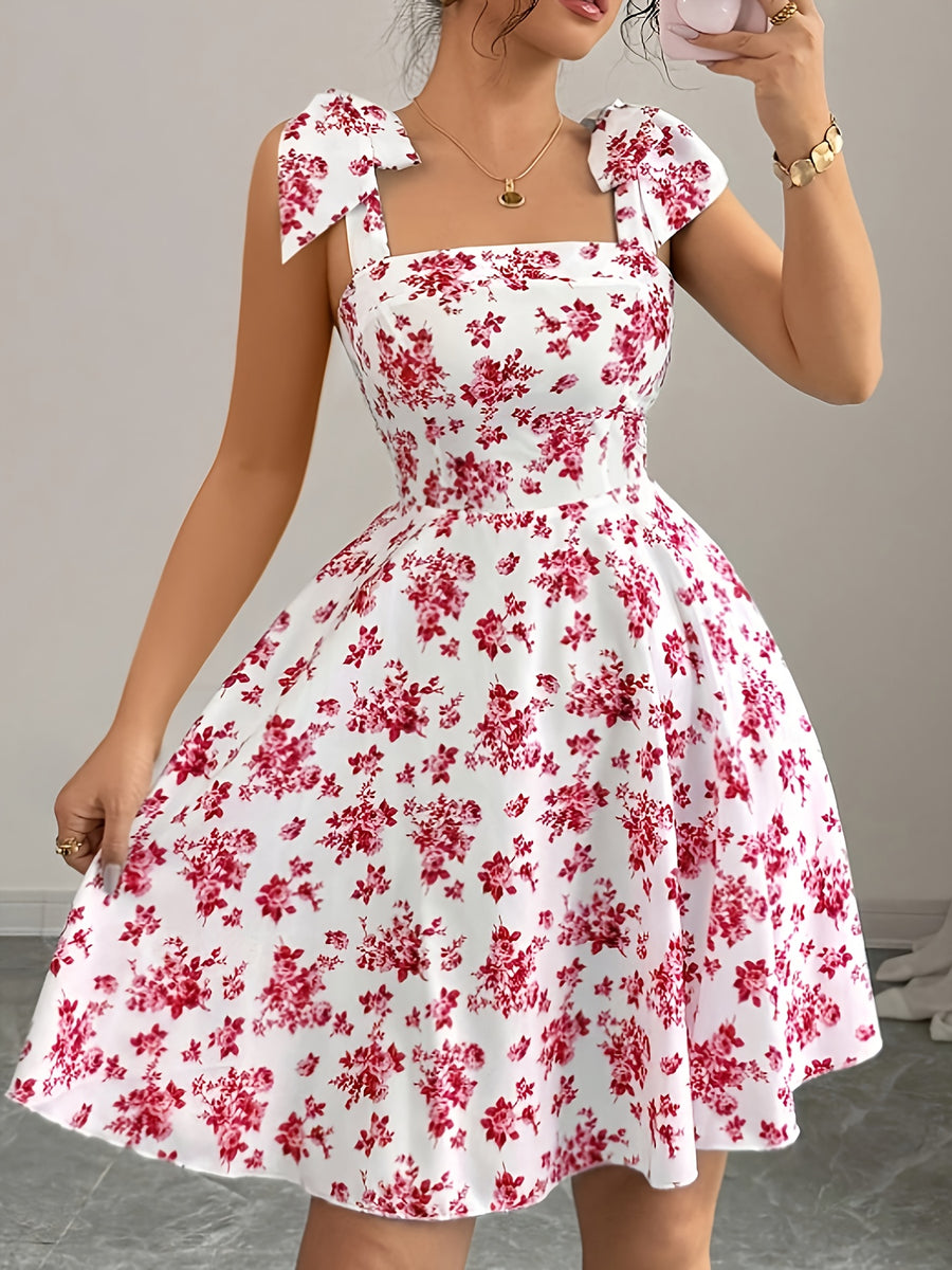 A Stylish And Elegant Red Floral Print Spaghetti Strap Dress - Multicolor