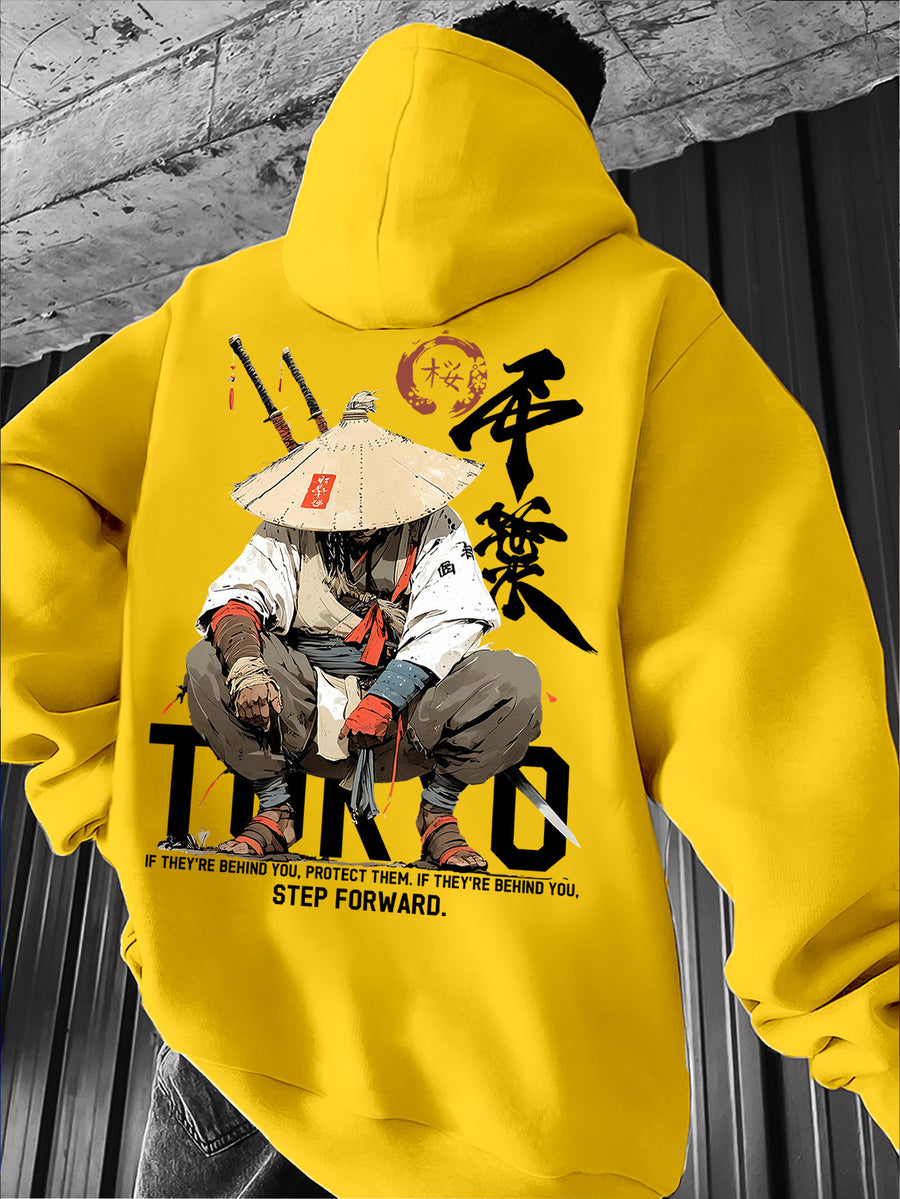 Men's Japanese Ronin Kendo Samurai Hooded Sweatshirt, Printed Hoodie, Trendy Streetwear Vintage Versatile Heavyweight Sweatshirt, Autumn Essentials - Yellow