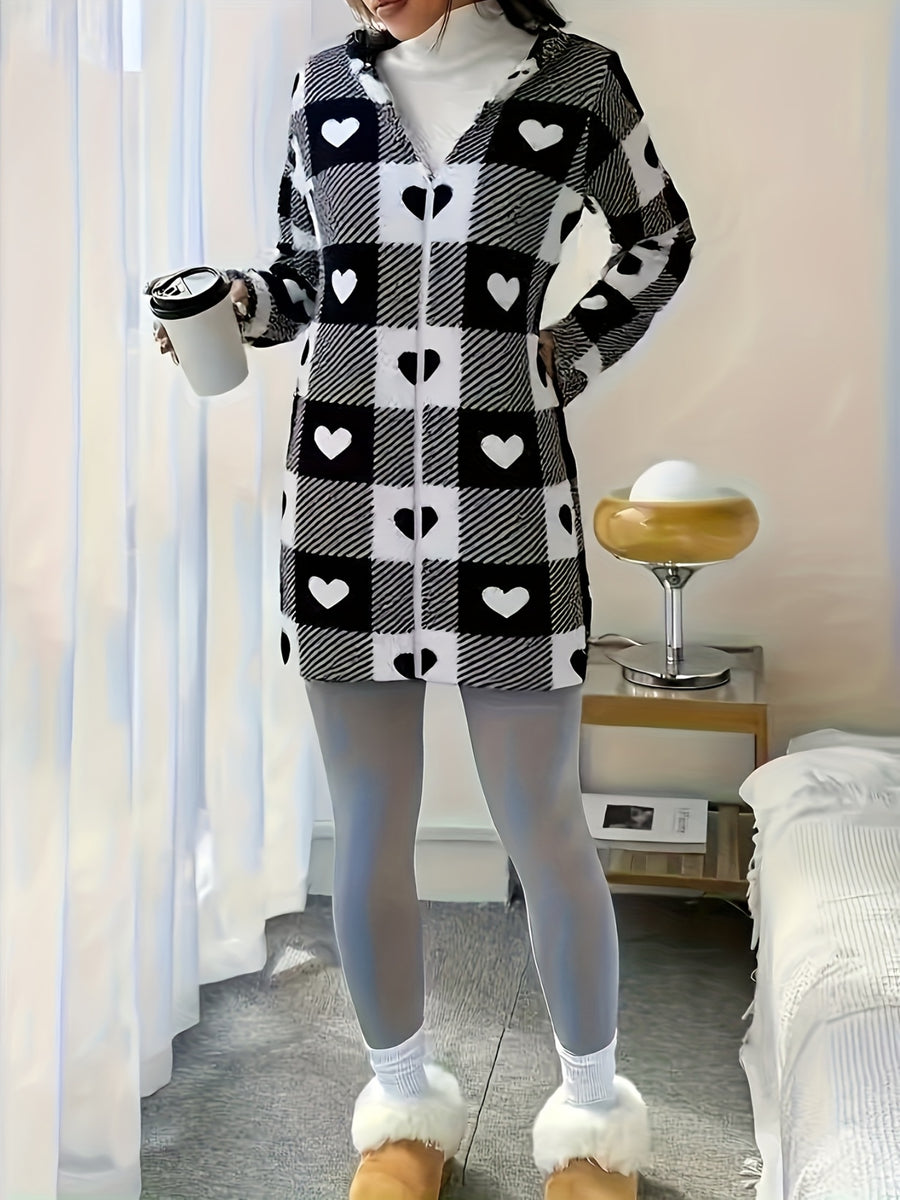 Plaid Printed Double-Faced Plush Hooded Zipper Cardigan Casual Women'S Autumn Winter Plush Coat - White