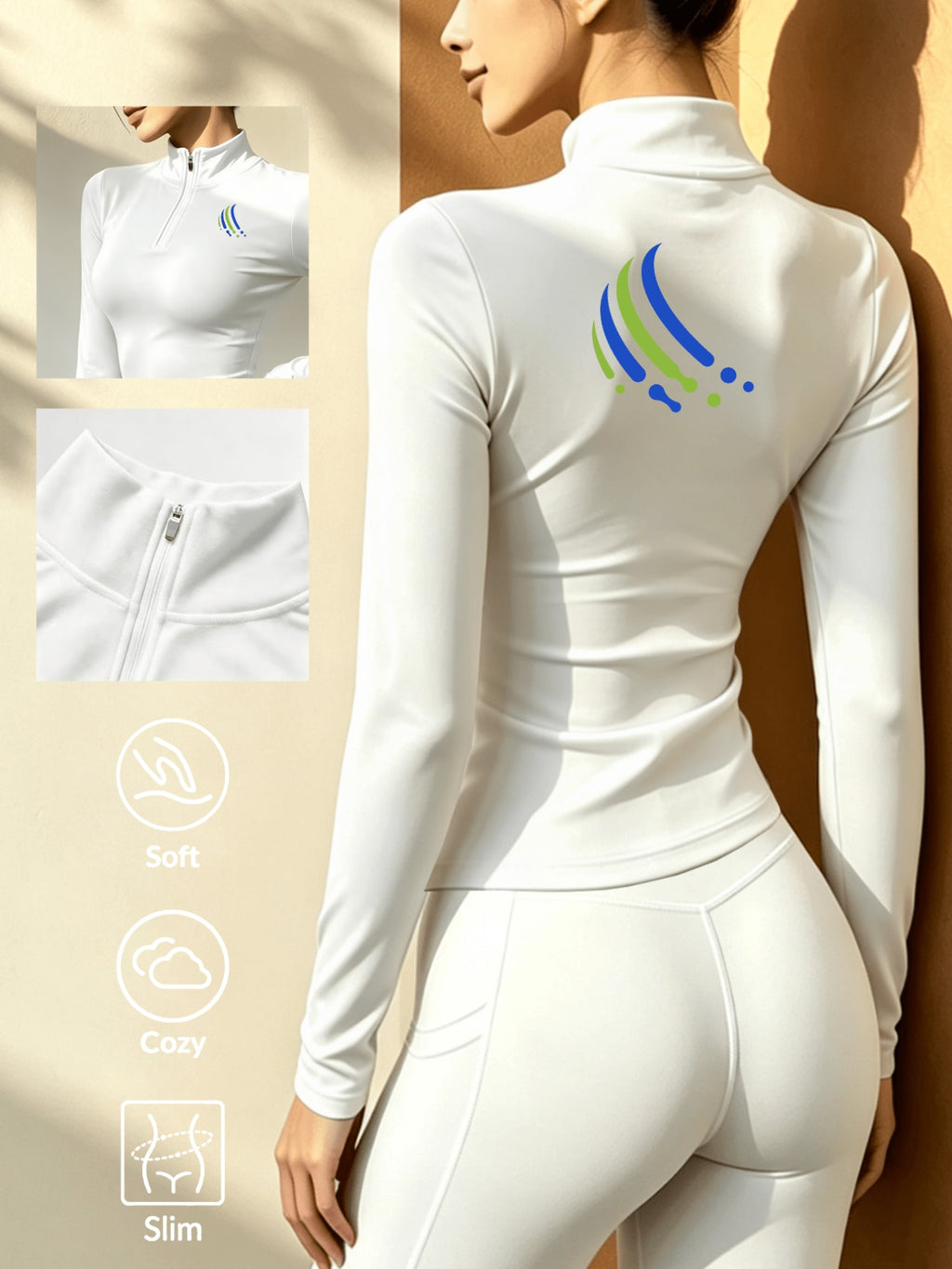 Stand-Collar Half-Zip Long Sleeve T-Shirt, Autumn Winter Warm Semi-High Neck Base Layer Top - White
