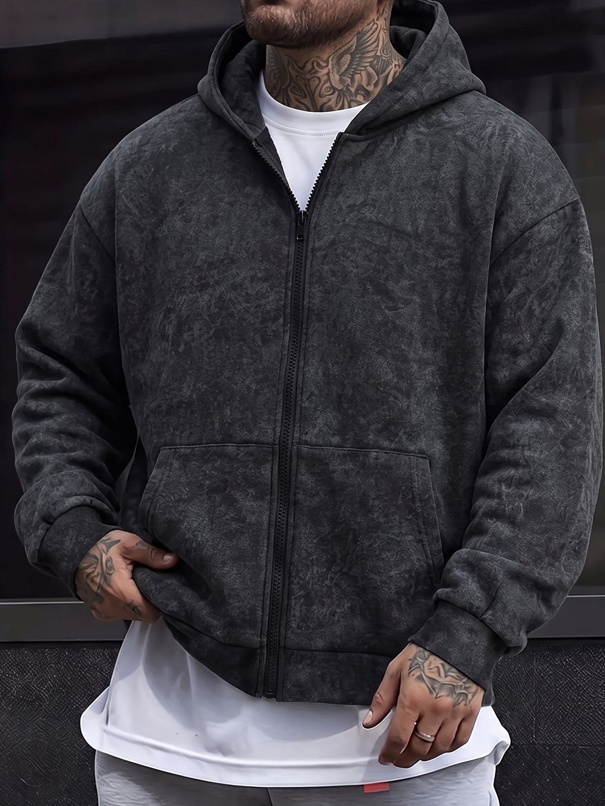 Men's Washed Distressed Charcoal Gray Zip-Up Hooded Sweatshirt, Vintage Distressed Gray Tone, Heavyweight Loose High Street Wasteland Style Washed Cardigan Hoodie Sweatshirt - Black