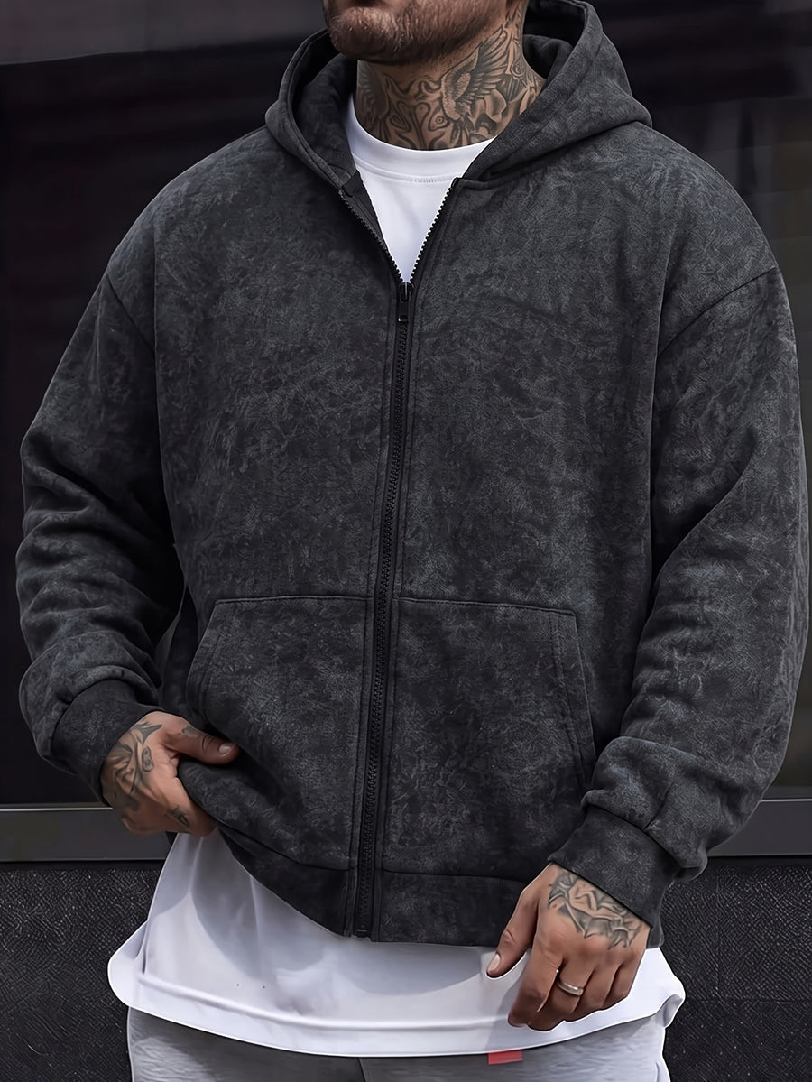 Men's Washed Distressed Charcoal Gray Zip-Up Hooded Sweatshirt, Vintage Distressed Gray Tone, Heavyweight Loose High Street Wasteland Style Washed Cardigan Hoodie Sweatshirt - Black