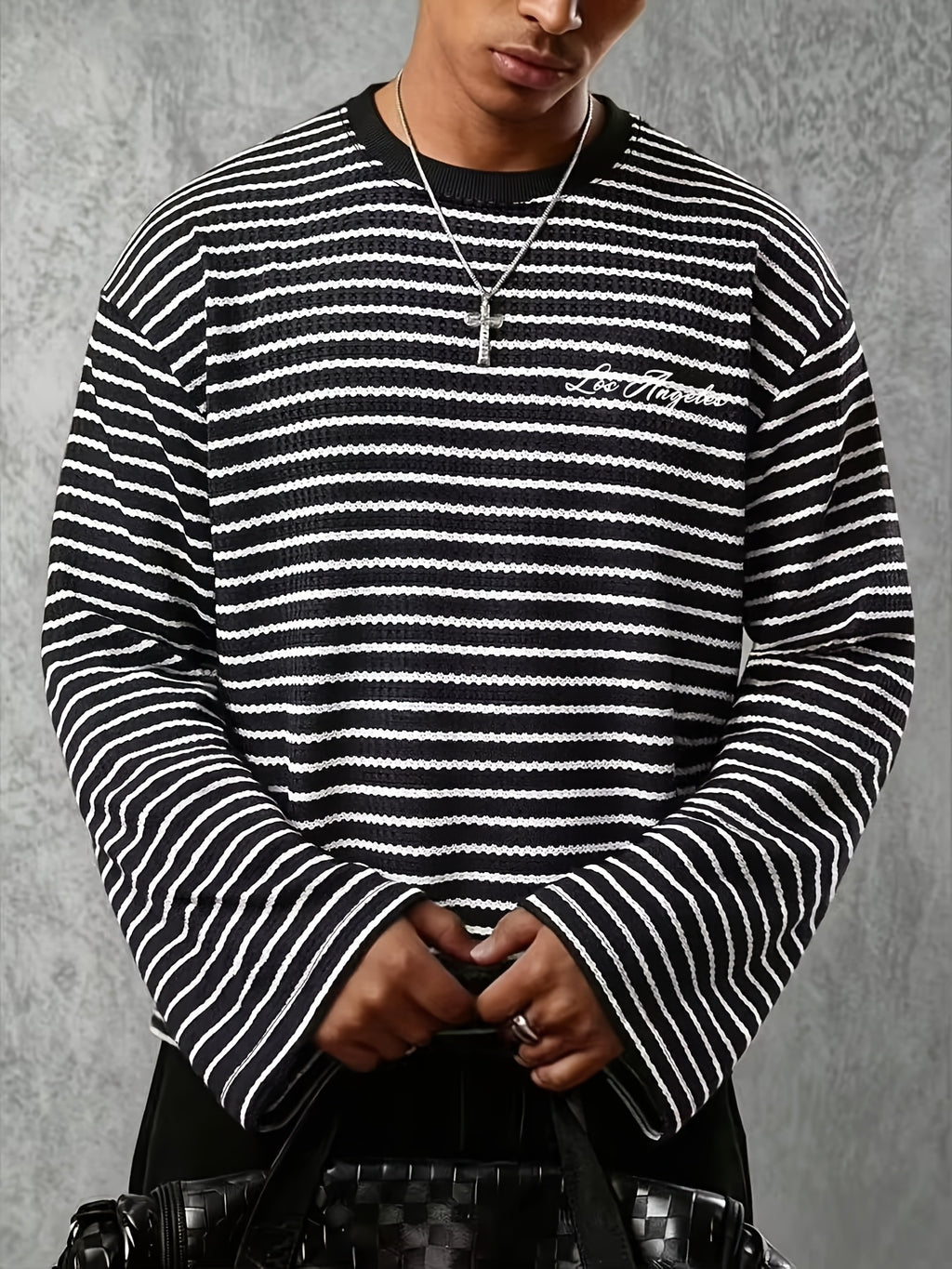 Men's Color-Block Striped Knit Long-Sleeve Shirt, Los Angeles Letter Print Crewneck Pullover, Street Style Casual Top - Black