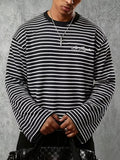 Men's Color-Block Striped Knit Long-Sleeve Shirt, Los Angeles Letter Print Crewneck Pullover, Street Style Casual Top - Black