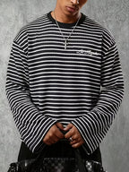 Men's Color-Block Striped Knit Long-Sleeve Shirt, Los Angeles Letter Print Crewneck Pullover, Street Style Casual Top - Black