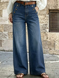 Sailor Style High Waist Jeans for Women, Golden Button Double Breasted Wide Leg Denim Pants, Trendy Stretchy Flared Pants - Navy Color
