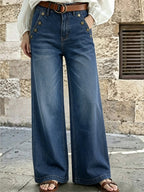 Sailor Style High Waist Jeans for Women, Golden Button Double Breasted Wide Leg Denim Pants, Trendy Stretchy Flared Pants - Navy Color