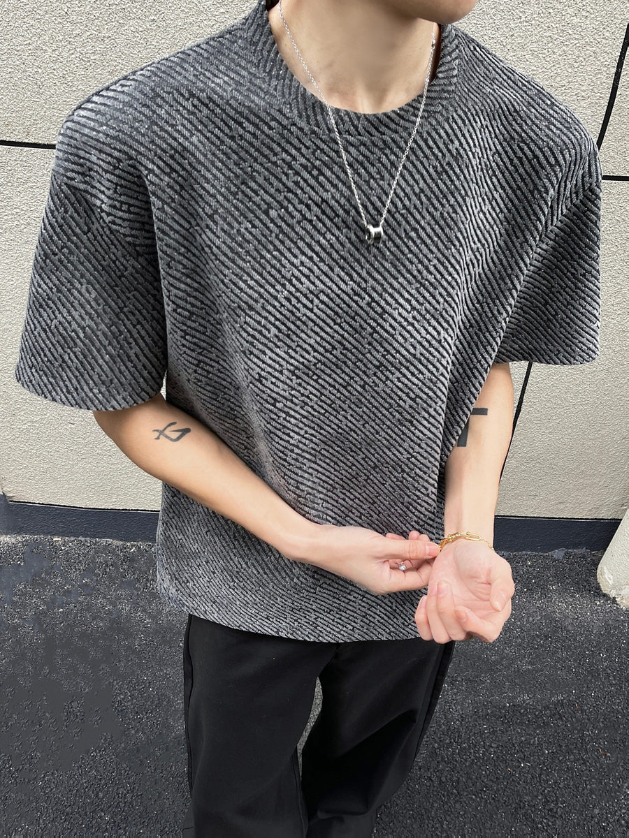 Men'S Hong Kong Style Highlight Twill Short-Sleeve T-Shirt, Summer Lazy Style Loose Crew Neck Half-Sleeve Top - Grey