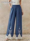 Summer Blue Wide-Leg Pants, High-Waist Flowy Straight Trousers with White Floral Print, Lace Hollow-Out Hem Casual Trousers, Vacation Style Versatile Floor-Length Pants - Blue