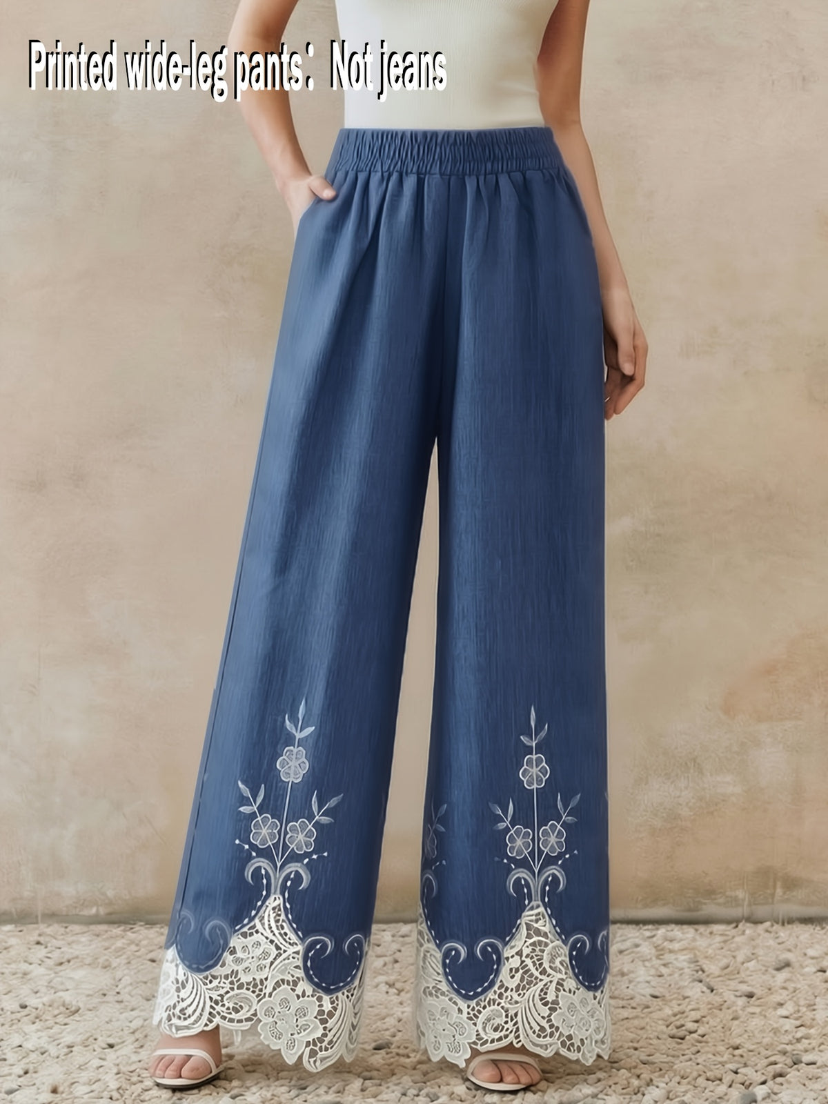 Summer Blue Wide-Leg Pants, High-Waist Flowy Straight Trousers with White Floral Print, Lace Hollow-Out Hem Casual Trousers, Vacation Style Versatile Floor-Length Pants - Blue