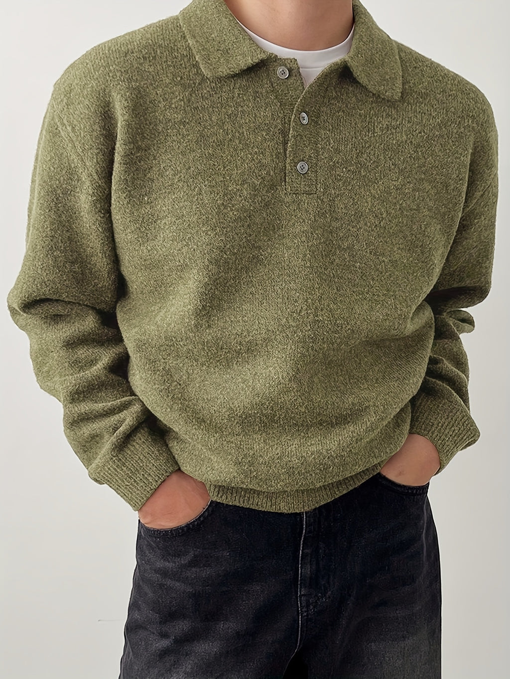 Men's POLO Collar Sweater for Autumn/Winter, Lazy-Style High-End Winter Pullover, Inner Layer Base Top, Lapel Knit Outerwear, Thick Jacket - Olive