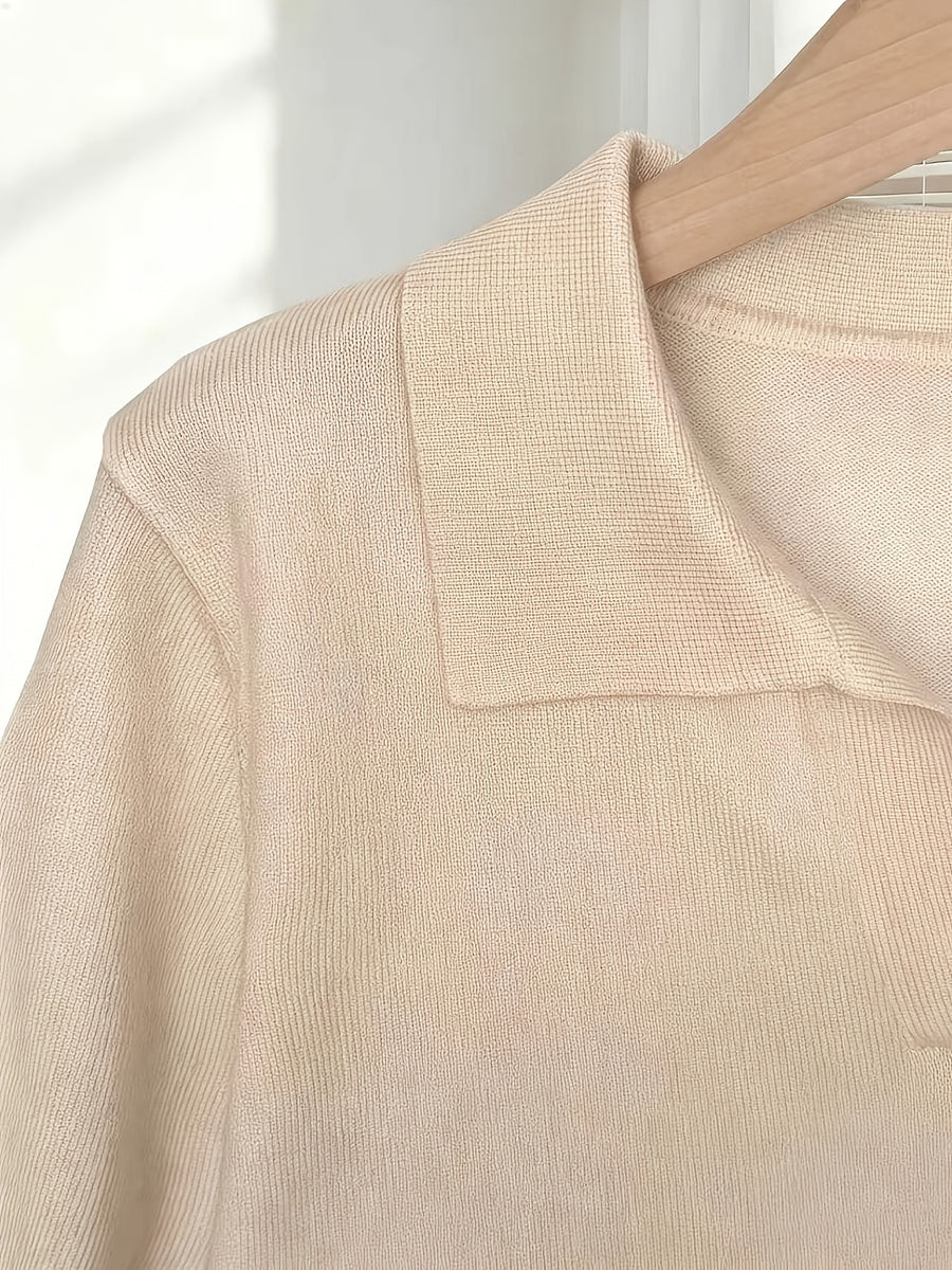 France Ladies Spring/Summer White Easy Casual Lapel Short Sleeve Slim Top, Suitable for Daily Wear, Summer Vacation, Spring Wear, Elegant And Fashionable - Apricot