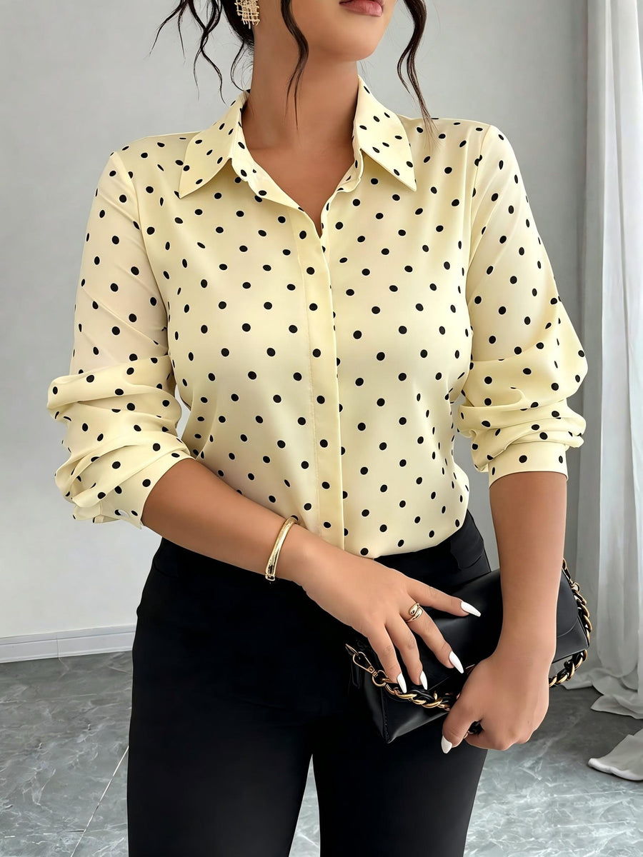Women'S Polka Dot Long Sleeve Button-Up Shirt, Collar Style, Regular Fit, Non-Stretch Fabric, Suitable for Work And Casual Wear - 【Light Yellow】